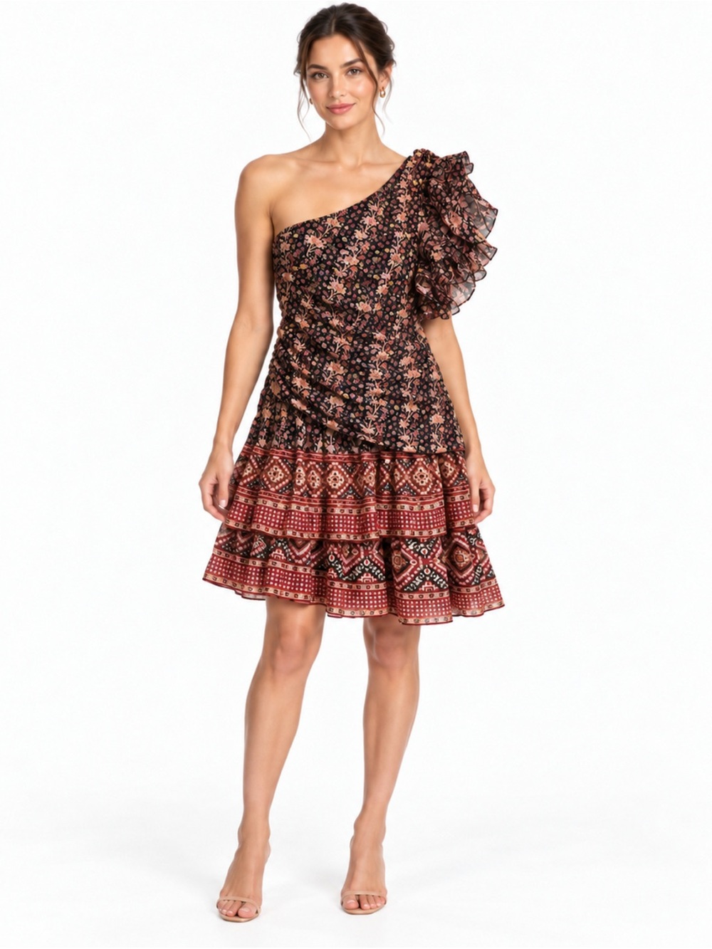 Ulla Johnson One Shoulder Ruffled Puff Sleeve Dress Red Black Size 4
